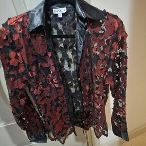 Fantazia Red and Black Floral Sheer Blouse